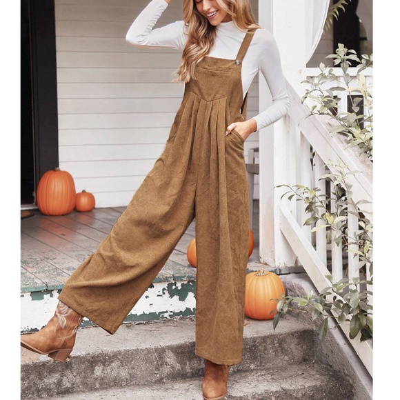 Solid Corduroy Pleated Detail Pockets Wide Leg Bib Overalls - Picture 3 of 5